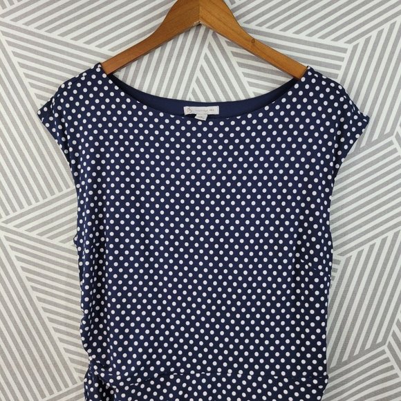 Dressbarn size 16 Dress slinky stretch summer Pinup Polkadot Ruched Navy Blue - Picture 3 of 6